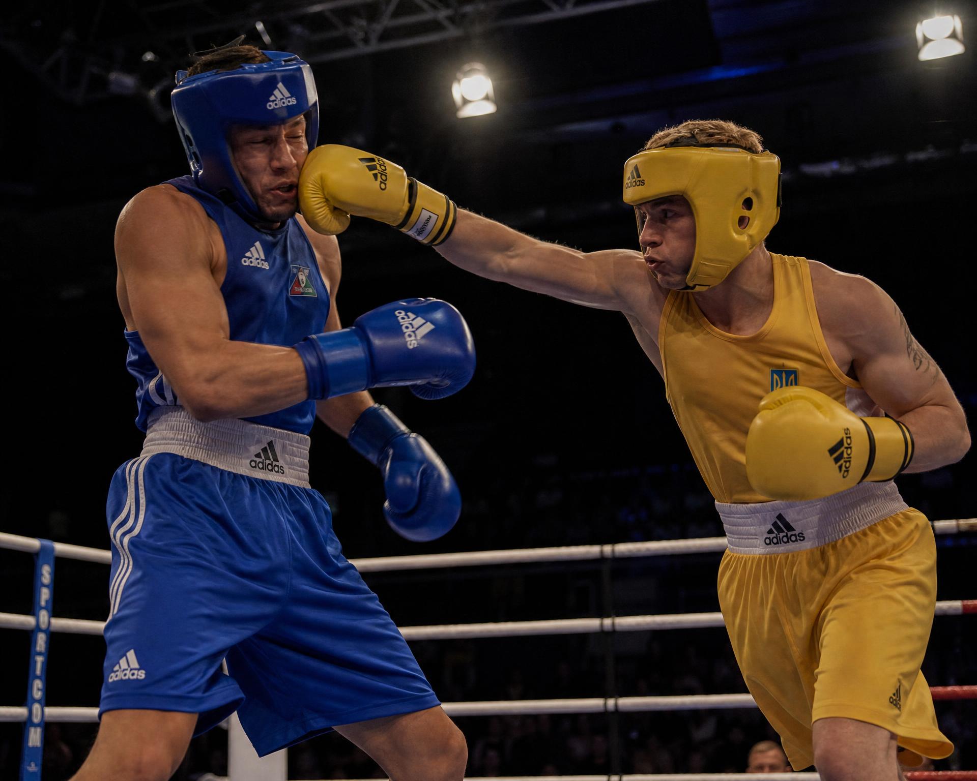Amateur boxing bout under arena lights