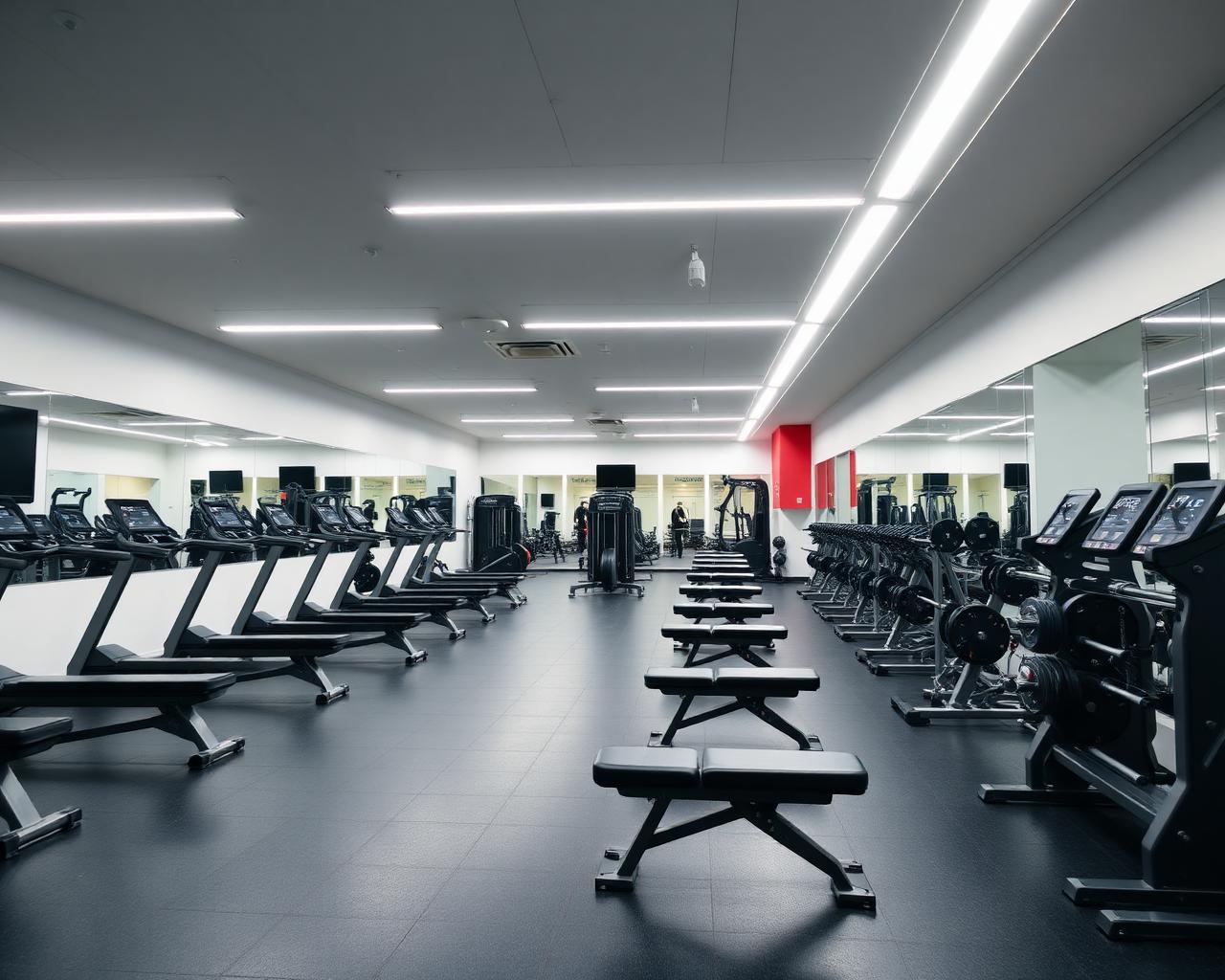 Gym floor with benches and machines