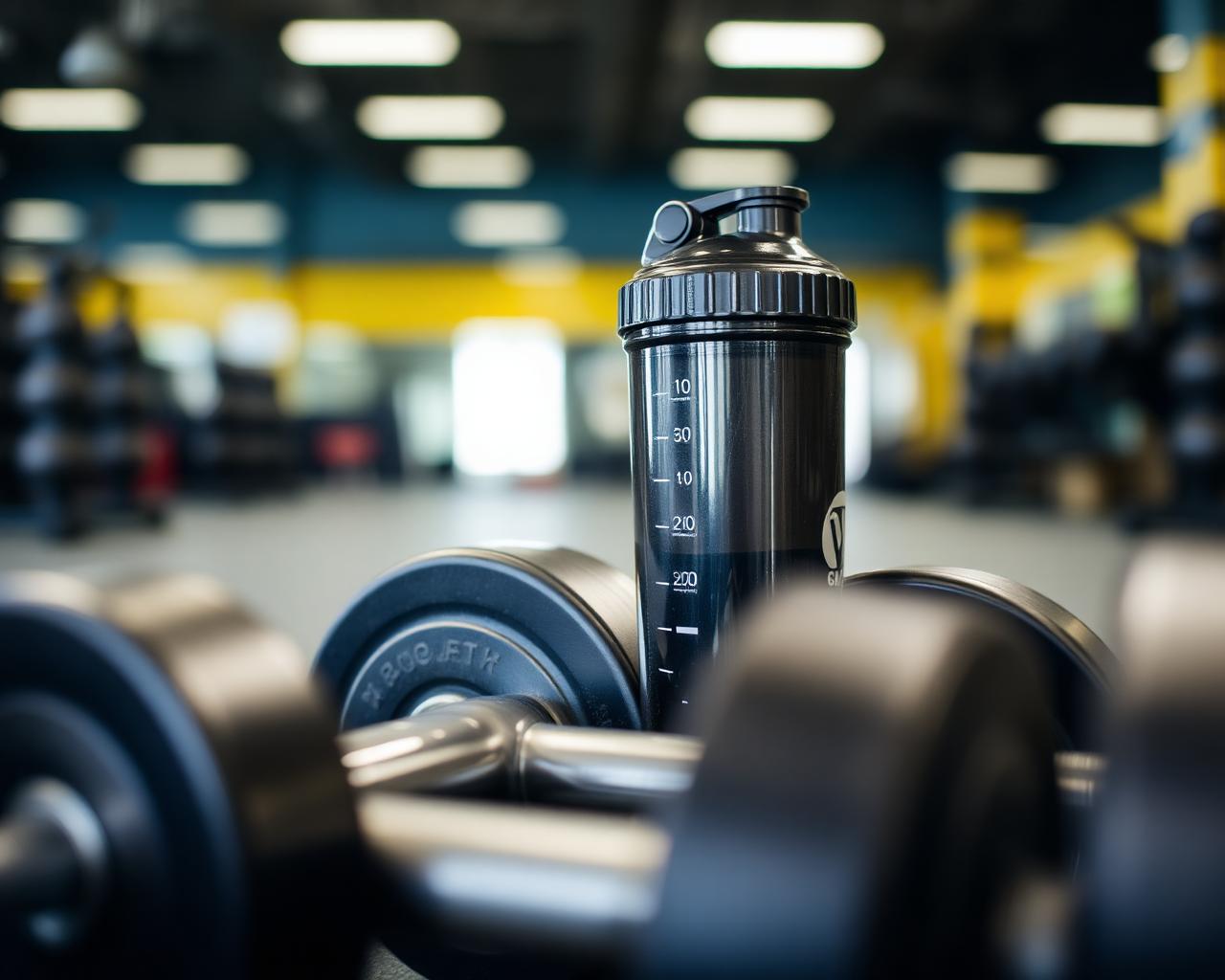 Dumbbells and a shaker bottle on the gym floor