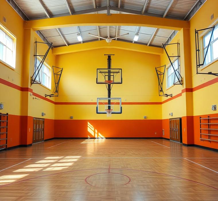 School gymnasium with yellow walls